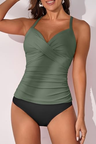 Image of B2prity Women's Tankini Swimsuits Tummy Control Ruched V Neck Bathing Suit