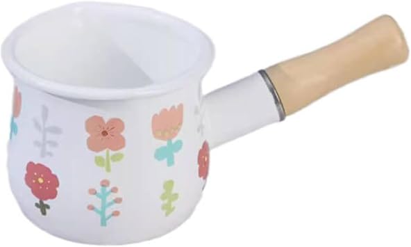 Mini Milk Pan Milk Pot Tea Coffee Egg Boiling Pot Enamel Milk Pan with Wooden Handle, 512ml Nonstick Saucepan Mini Butter Warmer Flower