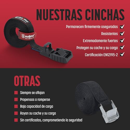 Miniatura 7 de Magma Pack 2 Cinchas De Amarre De 3m Correas Para Baca Coche Y Portabicicletas. Surf, Bici, Kayak, Moto Hebilla -Trinquete Con Protección De Goma Para No Rayar Carga Segura - Swl: 250kgf Negro