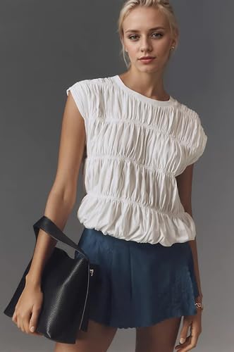 Women Cap Sleeve Tiered Shirred Bubble Tops Cute Babydoll Blouse Solid Crew Neck Ruched Tee Shirts Smocked Tank Top2