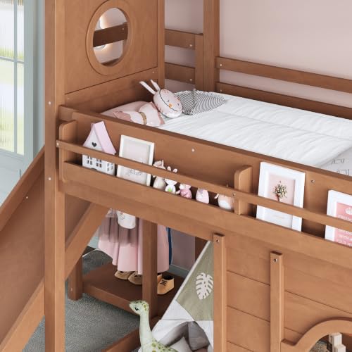 Image of Bellemave Bunk beds Twin Over Twin with Slide,Bookshelf and Wardrobe House roof Design, Low bunk /loft Bed for Kids, Natural