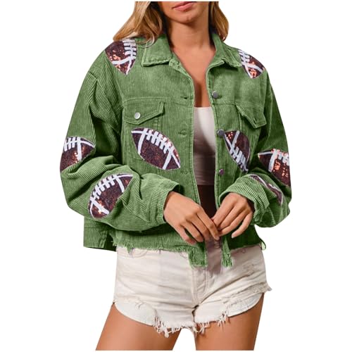 HGps8w Sequin Football Corduroy Jacket for Women Chic Cropped Button Down Casual Long Sleeve Lapel Streetwear Outerwear