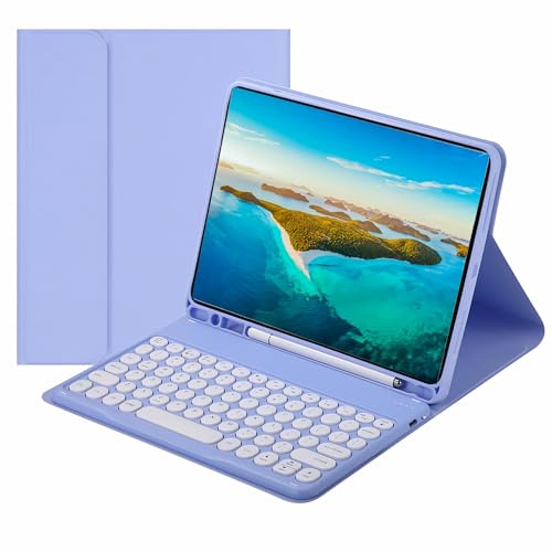 XFTeoux Clavier Étui pour Ipad Air 6 13Inch 2024, Cute Round Keyboard Color Wireless Detachable, Leather Folio Cover with Pencil Holder pour Ipad Air 6Ème Génération,Violet