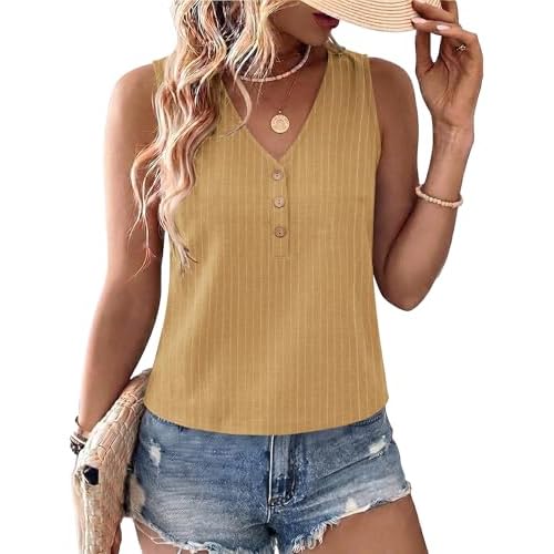 AKEWEI Womens Linen V Neck Tank Top Sleeveless Cute Summer Tops for Women 2026 Beach Vacation Outfits Ginger-yellow Stripes Medium
