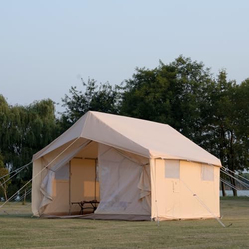 WaldZimmer Cotton Canvas Wall Tent with Rain Canopy Waterproof Outdoor Tent for Hunting Family 4 Season Camping Tents Heavy Duty Steel Frame&PVC Floor, Beige