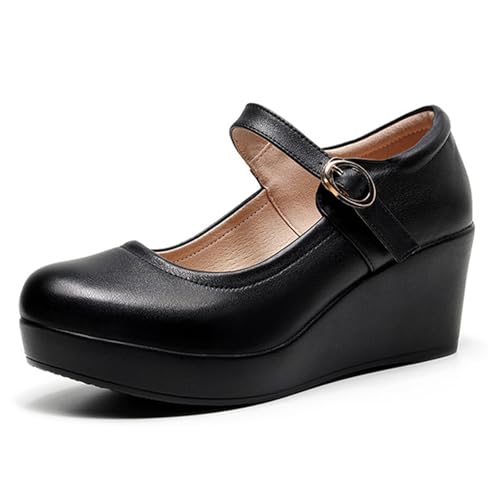 Women's Genuine Leather Platform Wedge Mary Jane Shoes Classic Round to Ankle Strap Height Increase Dress Pumps Daily Business Office Formal Shoes