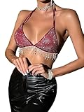 SHENHE Women's Sexy Sequin Halter Backless Rhinestone Fringe Glitter Party Club Crop Top Burgundy Small