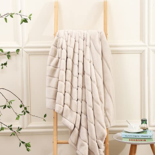 Luxenrelax Striped Luxury Soft Faux Fur Blanket Throw Blanket For Bed, Beige Furry Fluffy Throw Blankets For Couch, Sofa, Anti-Shedding Blanket- (50" X 60", Beige) #TOP2