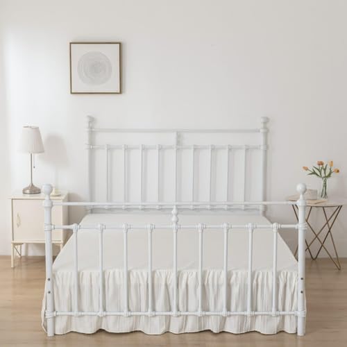 Bed Skirt King Size, Ruffled Bed Skirt with Split Corners 14 Inch Drop with Platform, Tufted Boho King Size Bed Skirting, Striped, Ivory, 14" King