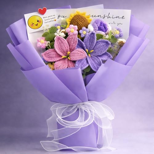 YSHomy Crochet Flowers, Crochet Flower Bouquet for Mom with Greeting Card, Crochet Lilies, Roses,Sunflowers,Purple Flowers Gifts for Mom's Birthday, Thanksgiving,Gift for Mother