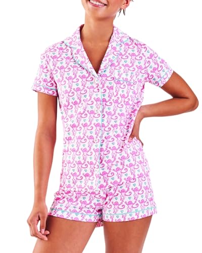 Image of Womens Pajamas Set Trendy 2 Piece Button Down Monkey Bunny Beach Shorts Set Y2k Preppy Loungewear Pjs for Gift Party(Lovely Monkey, Small)