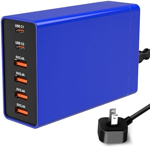Multi USB Charger Block RISWOJOR, 40W Flat Plug 6 Port Charging Station with Auto Detect, USB Multiport Charger with Type-C 3A for Smartphone Tablet and Multiple Devices