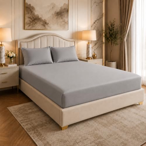 Image of LINENWALAS 100% Cotton Fitted Bedsheet, 400tc Long Staple Imported Egyptian Cotton, Premium Bed Sheet with Pillowcase for Queen Bed All-Around Elastic for 4-8 Inch Mattresses (60 inch x78 inch, Silver Grey)