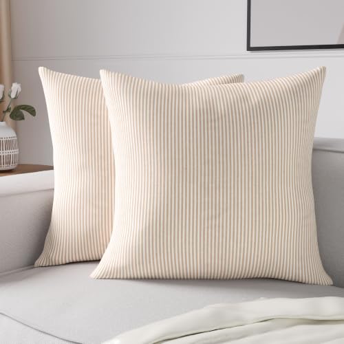 Image of Encasa XO Farmhouse Throw Pillow Covers Set of 2 (24x24 in) Ticking Beige | Decorative Cushion Covers No Inserts | Plaid and Stripes Pillow Covers for Living Room, Couch