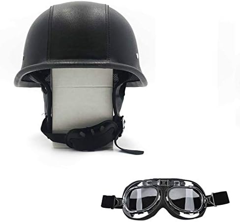 HTTMT MT506-002-L- DOT German Black Leather Motorcycle Half Face Helmet Biker Pilot Goggles Size L