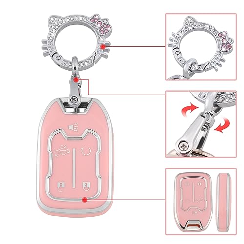 Image of Pangpai Pink Key Fob Cover for Chevy GMC, Soft TPU Key Case Protection with Bling Keychain Fit for Silverado GMC Sierra 1500 2500HD 3500HD Terrain Acadia 5 Buttons