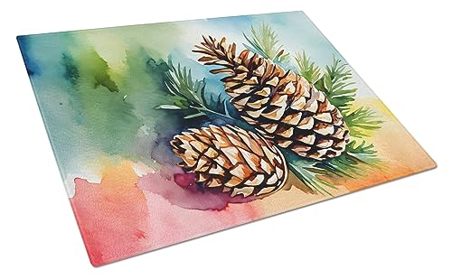Caroline's Treasures DAC1665LCB Maine White Pine Cone and Tassels in Watercolor Glass Cutting Board Large Decorative Tempered Glass Kitchen Cutting and Serving Board Large Size Chopping Board