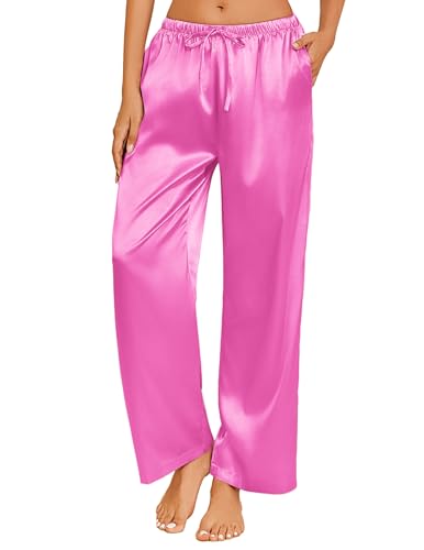 Image of Ekouaer Womens Silk Satin Pajama Lounge Pants Sleep Pj Bottoms with Pockets | Silky,Loose Wide Leg,Drawstring Elastic Waist,Casual,Loose,Elegant