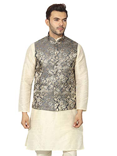 Image of Uri and MacKenzie Men's Silk Blend Regular Kurta Churidar Pyjama with Bundi Nehru Jacket /Waistcoat