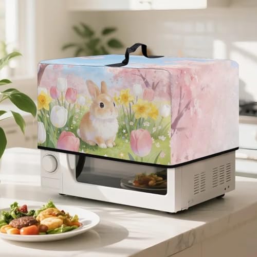 Image of Dustproof Microwave Oven Cover Dust Protection Protective Toaster Oven Cover Protector for Easter Decor, S, 18.25 x 14.5 x 11 Inches, Cartoon Rabbit Tulip Flower Pink