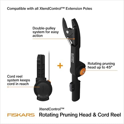 Fiskars XtendControl Rotating Tree Pruner Head with Automatic Cord Reel with 45 Degree Rotation, Compatible with all XtendControl Extension Poles (Pole Not Included)