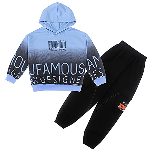 Volunboy Jungen Hoodie Kleidung Sets, Langarm Gedruckt Pullover Jeans Trainingsanzug Outfit (11-12 Jahre,Blau) Cover