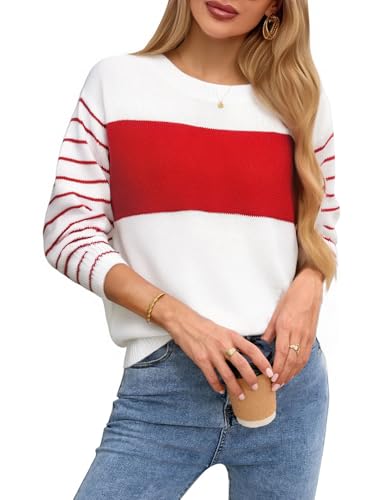 shermie Women Color Block Sweater Long Sleeve Crewneck Loose Knit Pullover