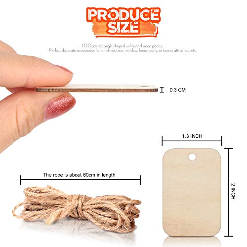 HNYYZL 100 Pcs Wood Pieces Rectangle-Shaped, Wooden Craft Shapes,Wooden Tags with Hole, and 2M Hemp Rope,for Craft Projects, Hanging Decorations, Painting, Staining (2” x 1.3”)
