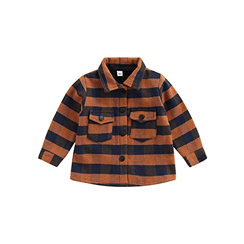 BemeUSWT Vêtements d'automne et d'hiver pour enfants et bébés garçons à manches longues boutonnés en velours côtelé et coton classique décontracté pour chemisier, veste,Plaid marron, 1-2 ans Cover