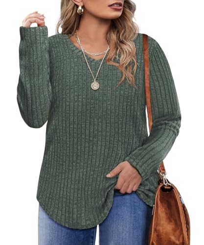 Image of RITERA Plus Size Sweater, Ribbed Long Sleeve Solid Top for Women | Soft vertical ribbed knit, modest V neck, loose long sleeves, curved swing hem, slimming casual layering top for curvy women