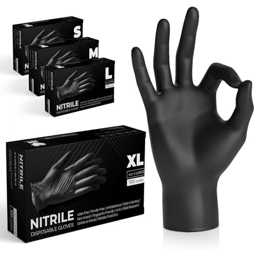 K-MART Gants jetables multi-usages en nitrile noir, non poudrés gant nitrile extra résistants - Boîte de 100 (noir, XL)