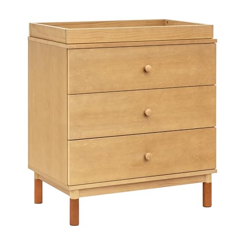 Image of Babyletto Gelato 3-Drawer Changer Dresser with Over 10-Inch Drawer Extension and a Removable Changing Tray in Honey with Vegan Tan Leather Feet, Greenguard Gold Certified