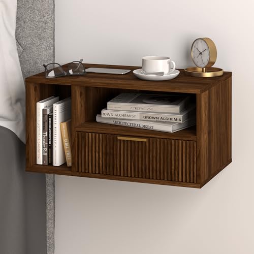 JERX Floating Bedside Table Wall Mounted Nightstand with Storage Drawer Modern Wooden Bedside Table for Bedroom Walnut Brown