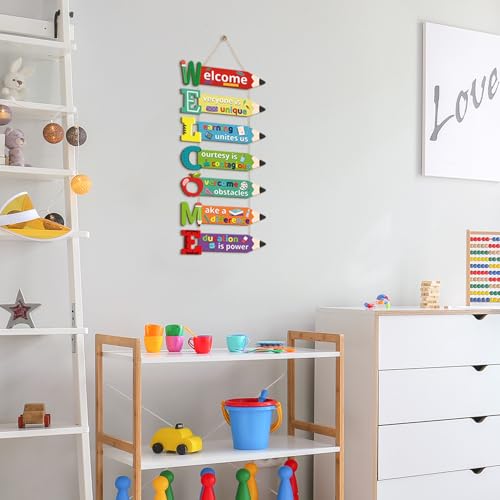 Image of HPNIUB Welcome Classroom Door Sign, Pencil Motivational Quote Decorations with Apple Ruler Cartoon, Colorful First Day of School Wooden Hanging Sign for Preschool Middle School Classroom Kindergarten