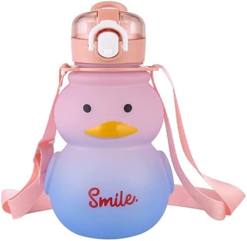 水筒ストロー650mlキッズボトル漏れないマグボトルワンタッチボトルグラデーションカラー学生用ストローボトルストラップ付きプラスチック通園通学水分補給超軽量食洗機対応(ピンク)