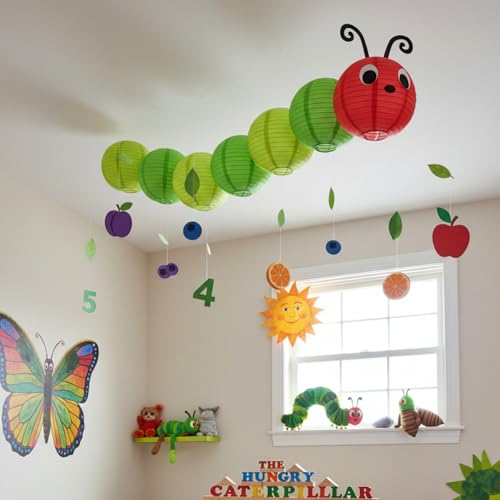Image of Hortsun 7 Pcs Caterpillar Theme Birthday Decorations Caterpillar Paper Lanterns Sets for School Classroom Birthday Party Favors, with Eyes Mouth Feelers Glue Point (Assorted Colors)