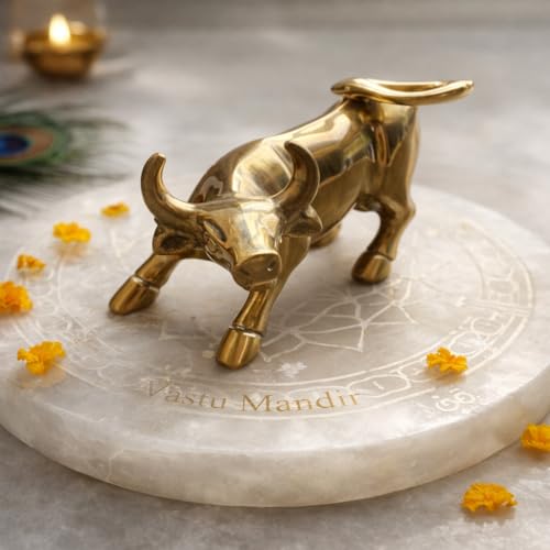 Image of Brass Charging Bull Statue, Vastu Feng Shui Remedy for Wealth and Prosperity, Solid Brass with Golden Finish, 14x10x10 cm, Office Desk Showpiece
