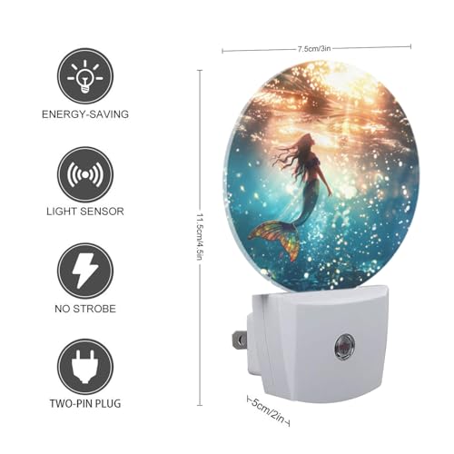 Image of Round LED Night Lights Lamp with Dusk to Dawn Sensor, Beautiful Mermaid Swimming in The Deep Sea Night Light Plug Into Wall for Kids Room, Bedroom, Bathroom, Kitchen, Hallway