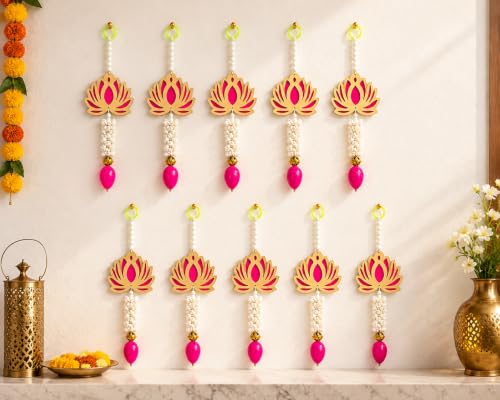 Image of JH Gallery Lotus Bud Tassel Hanging for Ganpati Decoration Setup for Home - Handmade Ganesh Chaturthi Backdrop, Pooja Room, Mandir & Main Door Toran (13 Inch, Pack of 10)