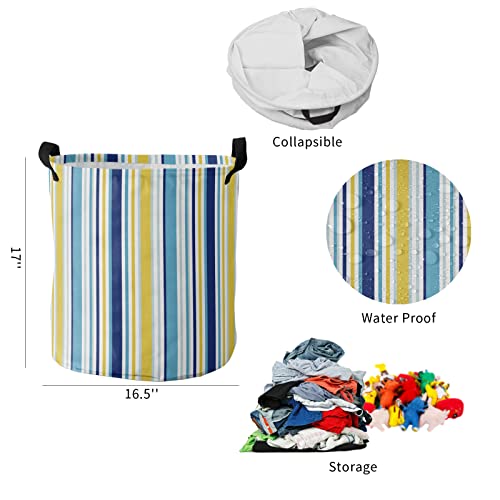 Blue Yellow Striped Laundry Basket Large 16.5"X17" Waterproof Laundry Hamper, Farmhouse Navy Blue Ombre Stripes Toys Blankets Storage Baskets Clothes Hamper For Bathroom Bedroom Living Room #TOP4
