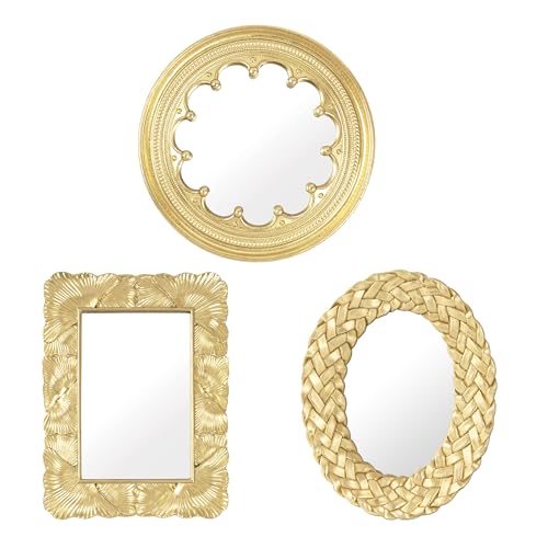 AELS 3 Pack Small Antique Gold Mirror Wall Decor, Wall Hanging Mirror Decor, Luxury Home Decor, Vintage Wall Mirror Set of 3, Small Decorative Mirrors for Living Room Entryway Bedroom