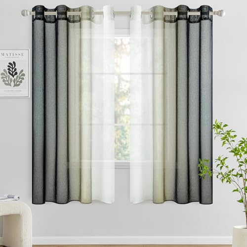 Woaboy Cortina Corta Ventana Translúcida Visillo Dormitorio con Ojales Moderno Decorativas Poliéster Visillos Degradado Gradiente para Habitación Salon 2 Piezas 140x175cm Negro