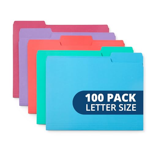 100 Blue Summit Supplies Colored File Folders Letter Size 1/3 Cut Tabs - Pastel File Folders, Colorful File Folders Multicolor, Durable 11pt Paper