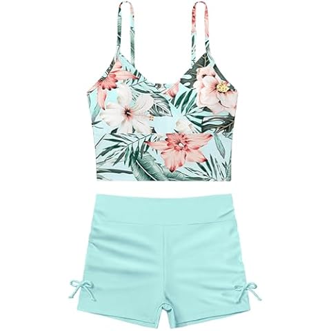 KANGKANG Girls Swimsuits Size 14-16 Bathing Suits for Girls V-Neck Floral Print Tankini + Light Cyan Flower Shorts 2 Piece Tween Girls Swimsuits Size 15 16 Cover