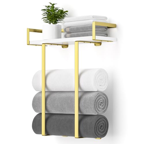 Towel Racks for Bathroom Wall Mounted, Metal Towel Holder with Wooden Shelf for Folding Large Towels, Towel Storage for Small Bathroom Organizer Decor or RV Camping,Gold