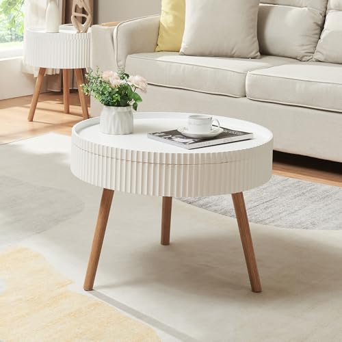 [en.casa] Mesa de Centro Bongard Redonda con Compartimento Tablero Extraíble Diseño Ranurado Mesita de Café Mesa Auxiliar de Sofá Salón Despacho MDF Bambú 45xØ60 cm Blanco