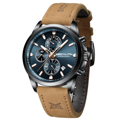 MEGALITH Wrist Watches for Men Luxury: Dress Leather Chronograph Watch Waterproof - Gift for Husband Father at Birthday Anniversary