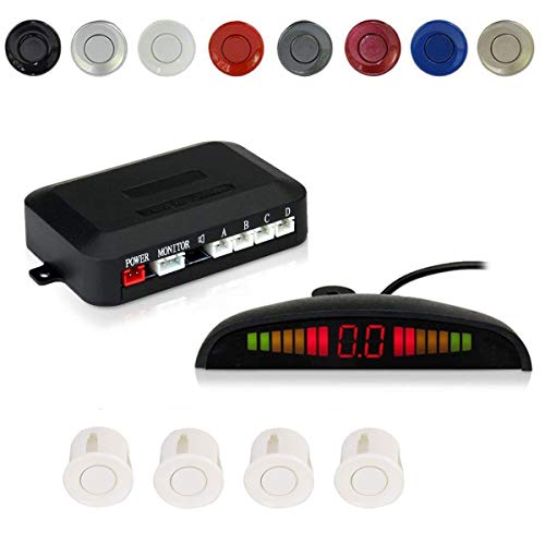 EKYLIN Car Auto Vehicle Reverse Backup Radar System with 4 Parking Sensors Distance Detection + LED Distance Display + Sound Warning (White Color)