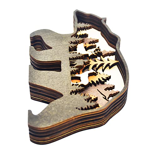 Miyolo Wooden Bear Art Rustic Home Decor North America Forest Animals Brown Bear Carved Crafts Multi-Layer Creative Bear Silhouette Figurine Wall Table Shelf Desktop Decoration #TOP3