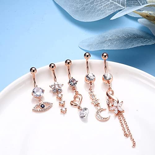 LOLIAS 8 Pcs 14G Belly Button Rings Dangling Surgical Steel Belly Rings for Women Girls Evil Eye CZ Navel Rings Barbell Body Piercing Jewelry Silver Rose Glod